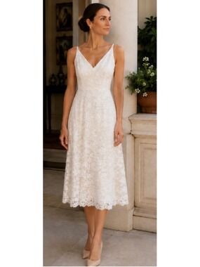 Alex Perry Lace V-Neck Midi Dress, White/Beige, Size 6 New with Tags!